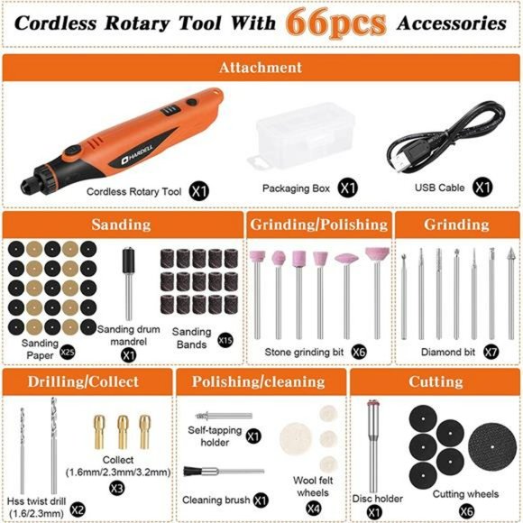 3.7V Cordless Rotary Tool w/ 66pcs Accessories, 3-Speed, 700mAh Lithium Battery - Picture 8 of 12